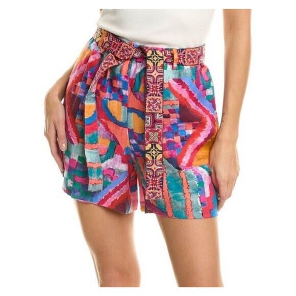 Johnny Was Colorful Linen Shorts Womens Large Pockets Embroidered Belt Boho - Picture 1 of 10